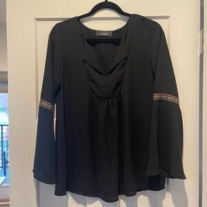 Zouk Black Women's Blouse with Embroidered Sleeves